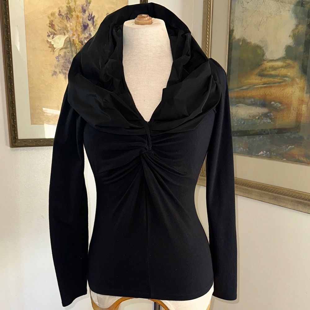 Cabi Elegant Black Long Sleeve Top with Taffeta Portrait Draped Collar Size XS
